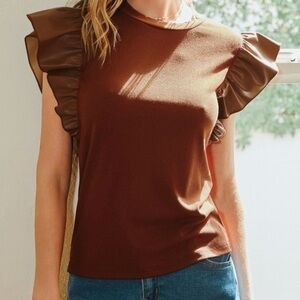 Brown Ruffle Sleeve Top
